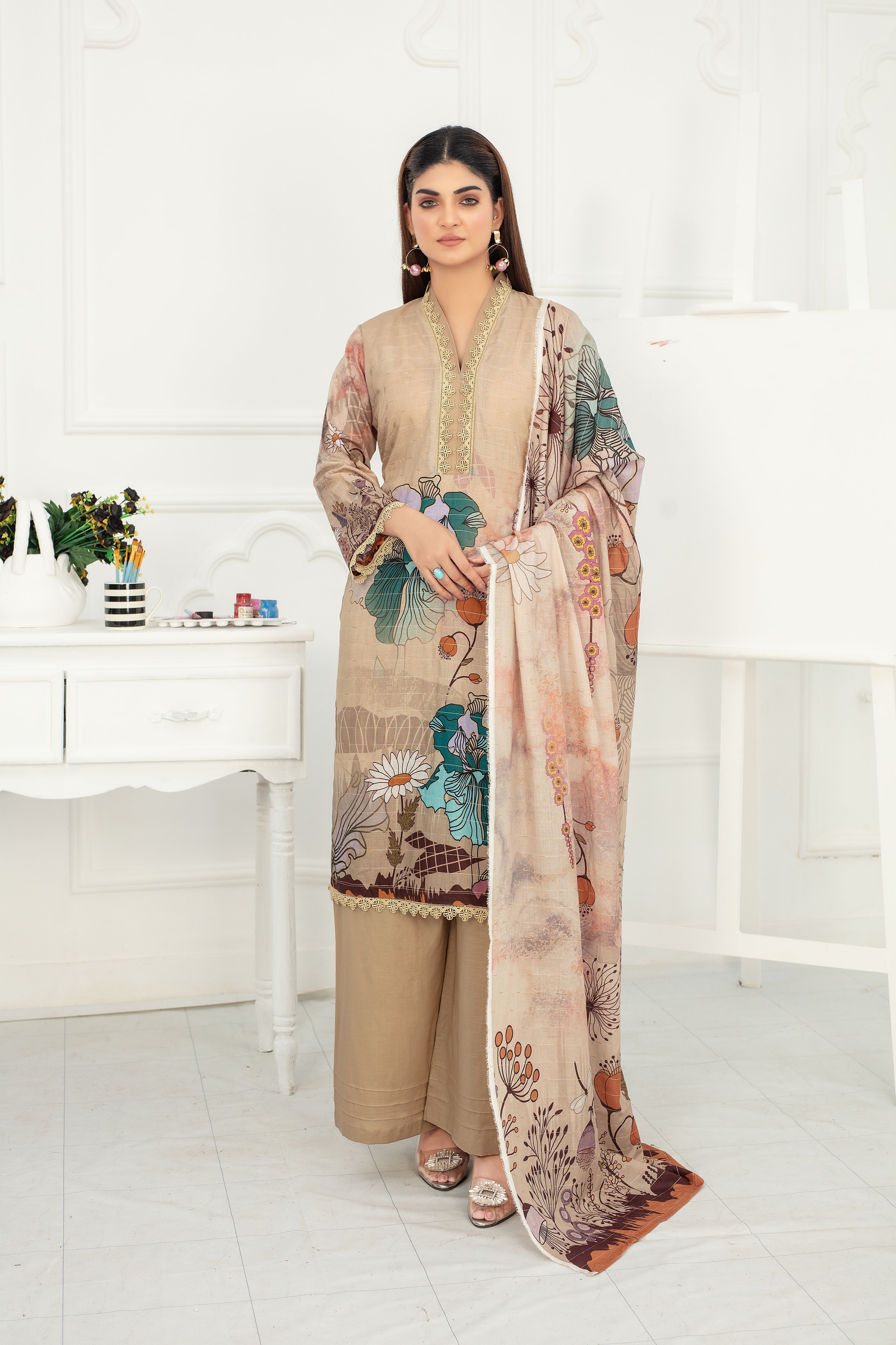 3PCs-Luxury Digital Printed Unstiched Fancy Tarkashi Cambric